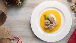 Calamari ripieni con crema di zucca e olive