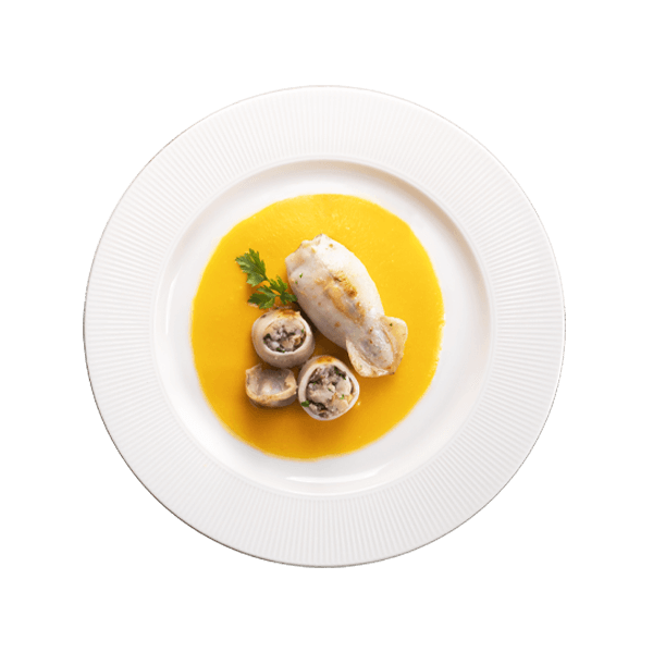 Calamari ripieni con crema di zucca e olive