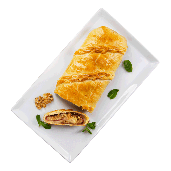 Rotolo salato con prosciutto cotto, scamorza e noci