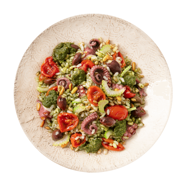 Insalata di cereali e polpo al pesto