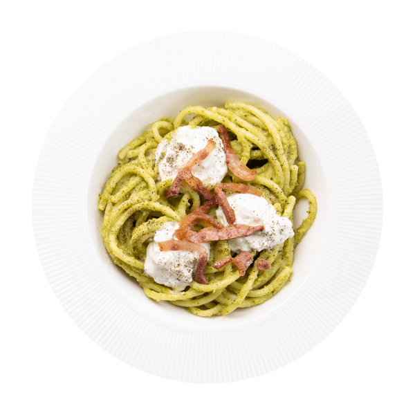 Bucatini con crema</br>di broccolo, stracciatella e pancetta