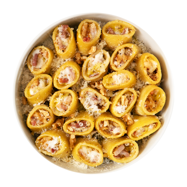 Paccheri al forno con crema di formaggio, speck e noci