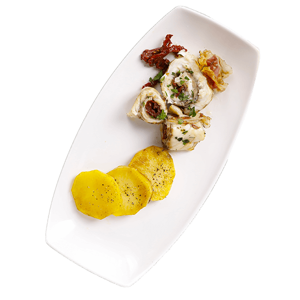 Involtini di branzino <br>con pancetta e <br>pomodori secchi