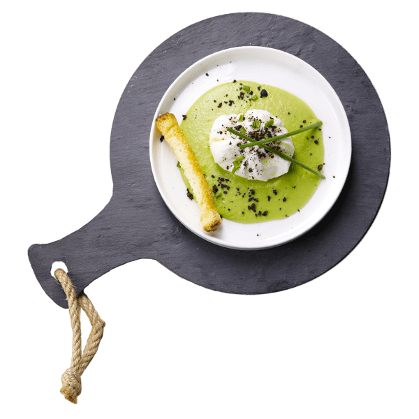 Uovo pochè <br>su crema di piselli