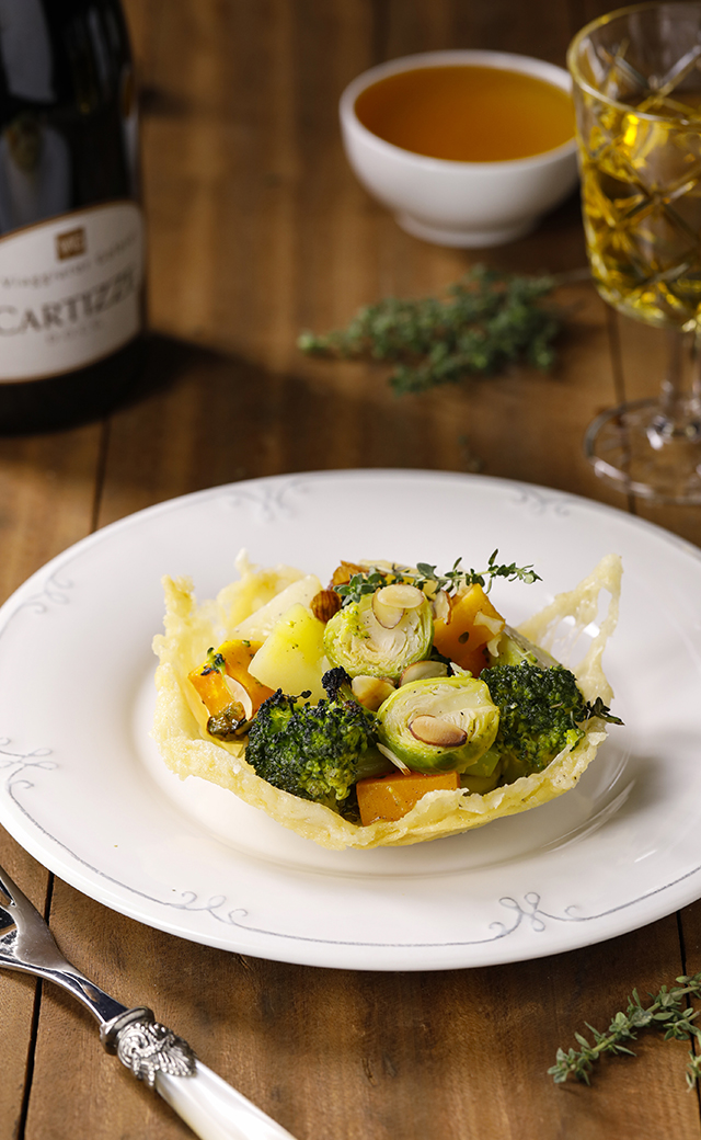 Cestini di verdure autunnali glassate al miele, timo e mandorle