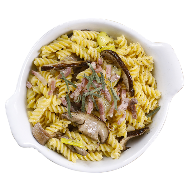 Fusilli di mais e riso con porri, porcini e pancetta