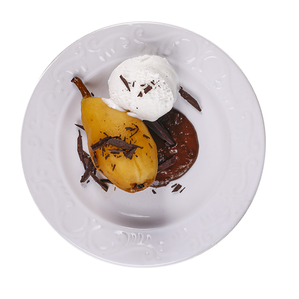 Pere al Moscato con salsa di cioccolato e gelato