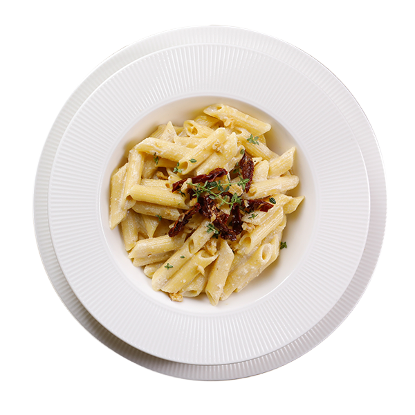 Penne mais e riso con pesto di grana e noci