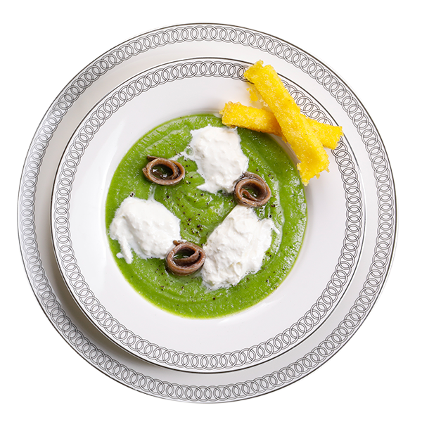 Crema di broccoli, burrata e acciughe con crostini di polenta fritta