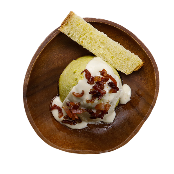 Sformatini di fave con fonduta di pecorino, guanciale e pane croccante