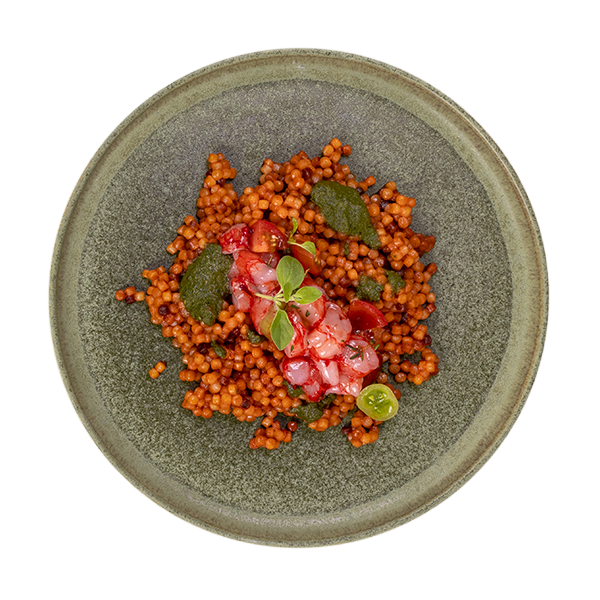 Fregula con tartare di gamberi