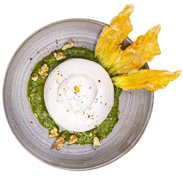 Burrata con crema di rucola e fiori di zucchina in pastella