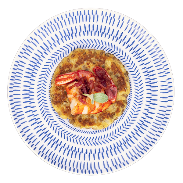 Rosti di lenticchie con gamberi