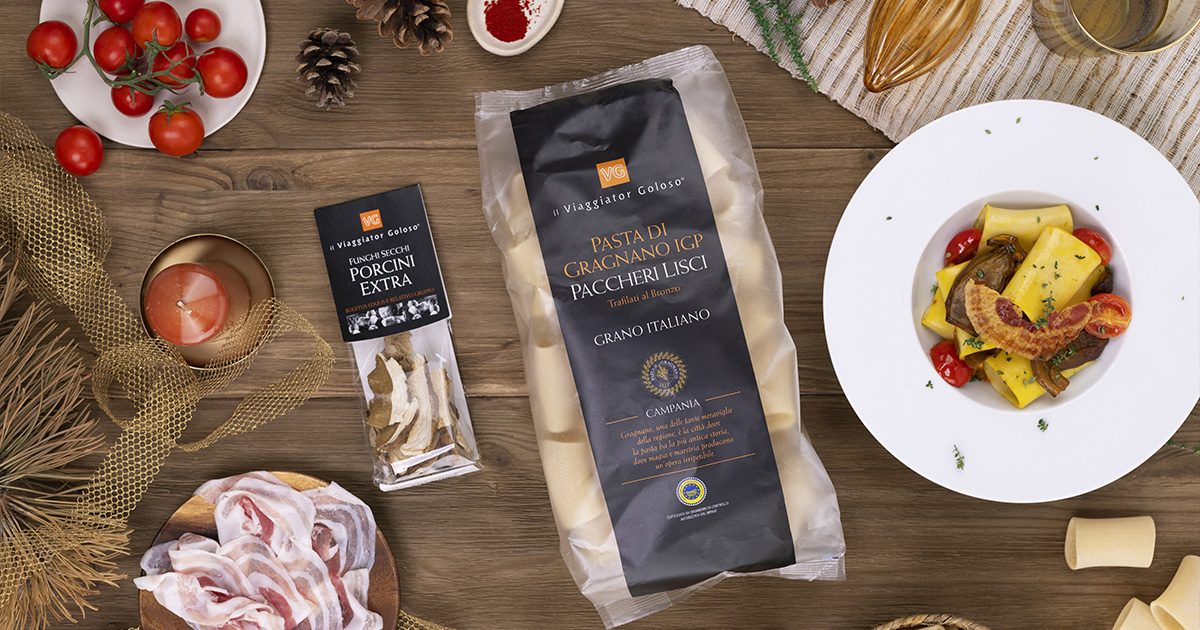 Paccheri con funghi porcini pancetta croccante e zafferano