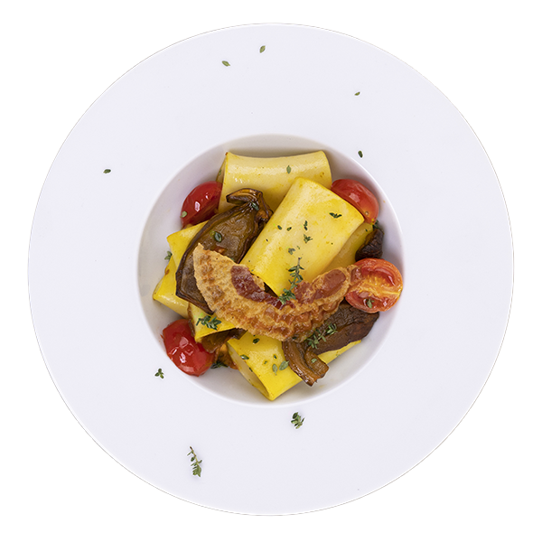 Paccheri con funghi porcini, pancetta croccante e zafferano