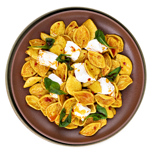 Foglie ai carciofi e spinaci con dadini di bufala e ‘nduja