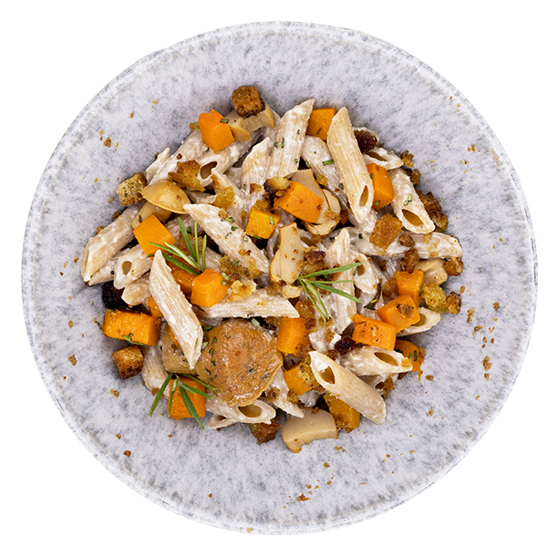 Penne integrali con crema di funghi porcini, robiola e zucca