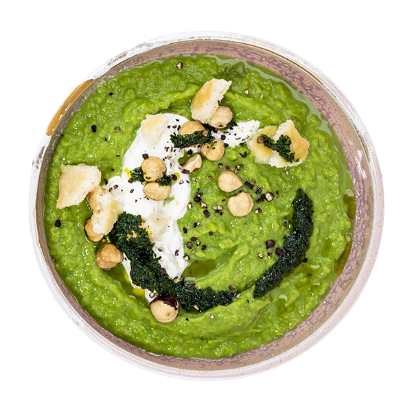 Vellutata di piselli con stracciatella e crumble di focaccia