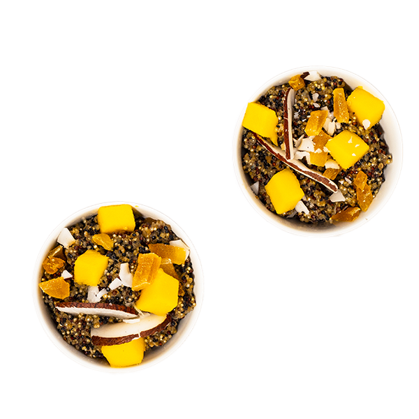 Pudding di quinoa con bevanda d’avena, scaglie di cocco e mango