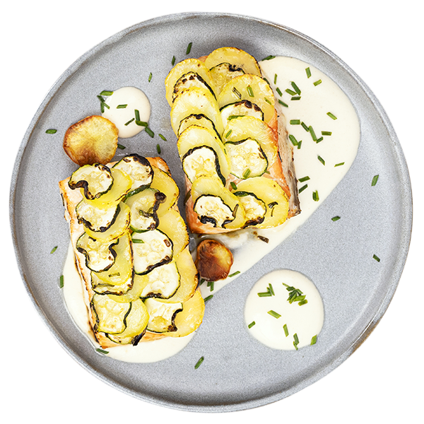 Trancio di salmone all’aceto balsamico, in crosta di patate e zucchine