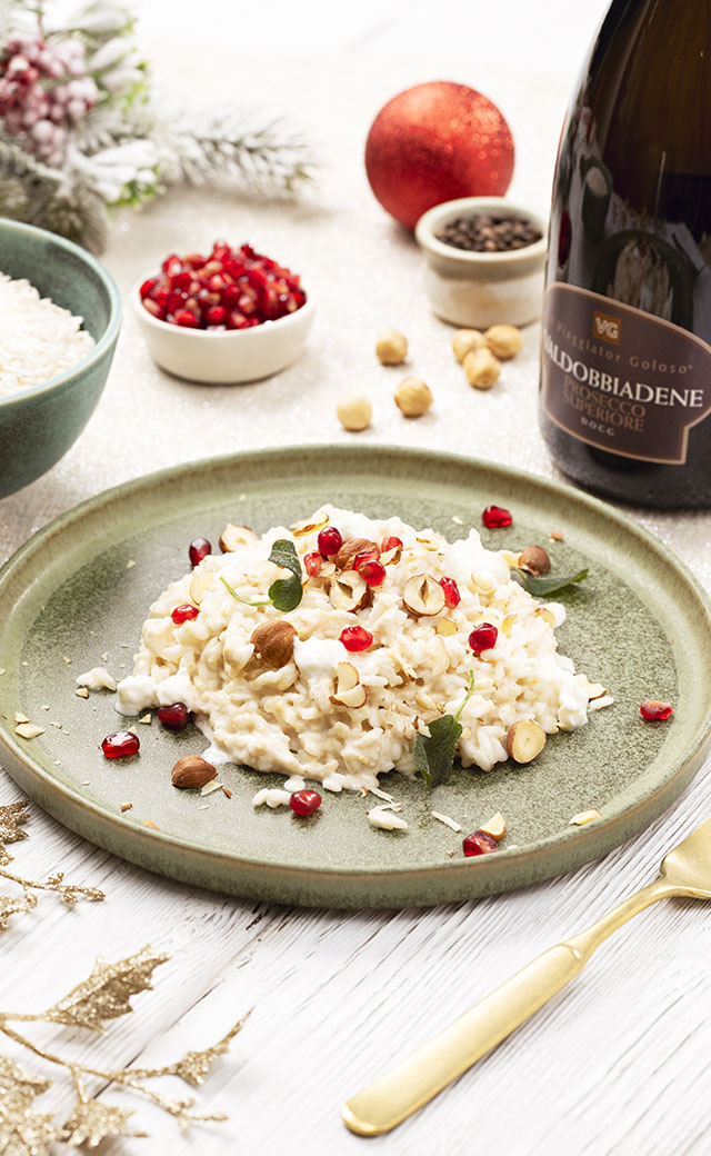 Risotto al prosecco con burrata e nocciole in crema