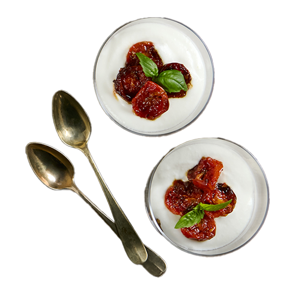 Crema di burrata con pomodorini confit e basilico