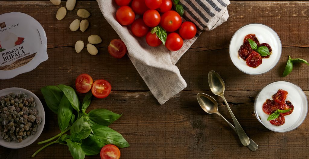 Crema di burrata con pomodorini confit e basilico