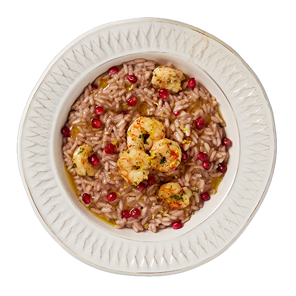 Risotto al franciacorta con gamberi e melagrana